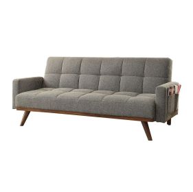 Futon Sofa Gray Color Converts into Bed Tufted Linen Fabric Angled Wooden Legs Side Pockets 1pc Sofa