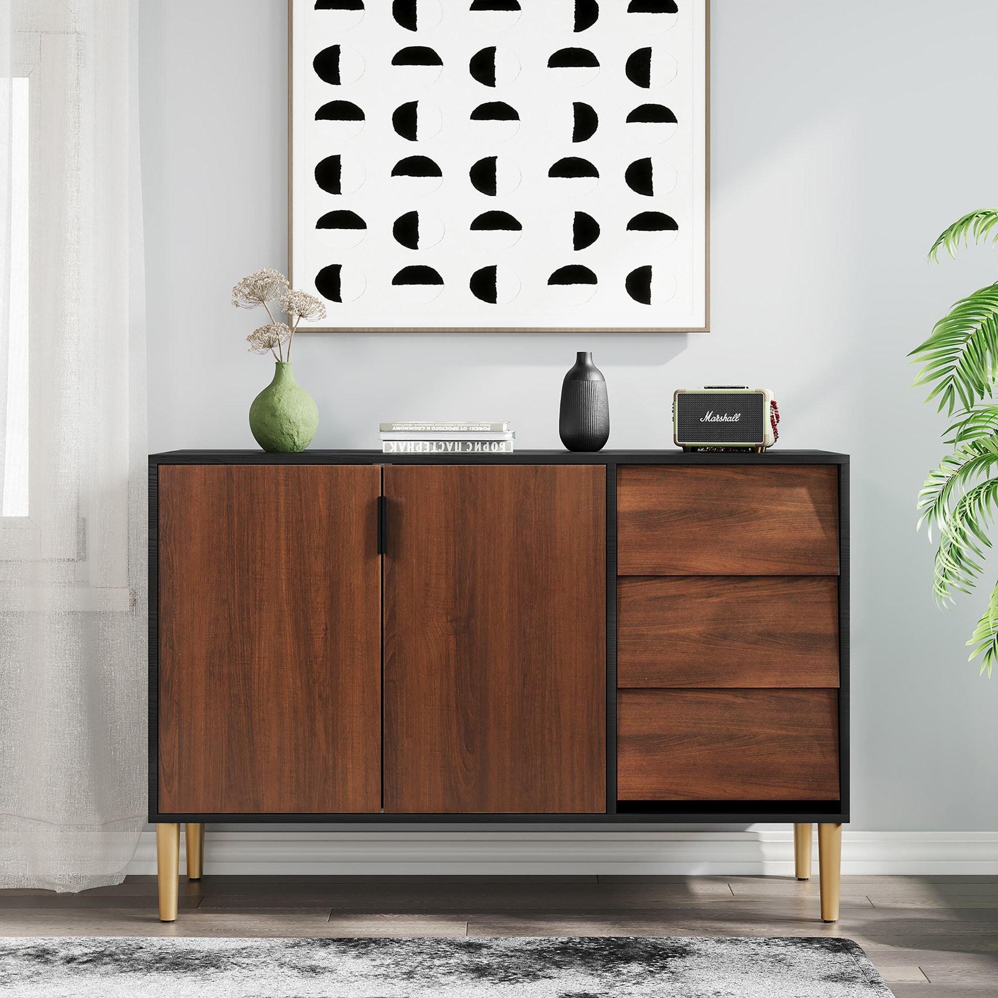 Storage Cabinet with 3 Drawers, 2 Doors Sideboard Buffet Cabinet, Mid Century Accent Cabinets with Adjustable Shelf, Kitchen Cabinets for Entryway
