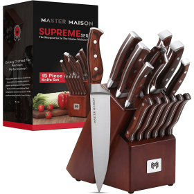 Master Maison 15-Piece Premium Kitchen Knife Set With Block | Master Maison German Stainless Steel Knives With Knife Sharpener & 6 Steak Knives