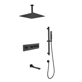 Rainfall Showerhead Thermostatic Shower System Shower Faucets Complete Set (Black)