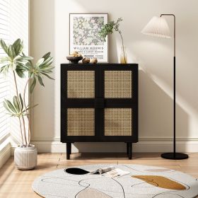 4-Doors Rattan Mesh Storage Cabinet, Sideboard with Eight Storage Spaces, for Entryway, Living Room, Hallway (Black)