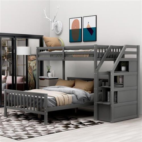 Twin over Full Loft Bed with Staircase,Gray Twin over Full Loft Bed with Staircase,Gray