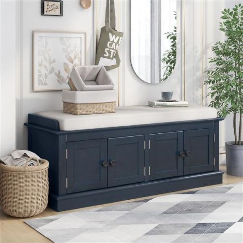 Storage Bench with 4 Doors and Adjustable Shelves, Shoe Bench with Removable Cushion for Living Room, Entryway (Antique Navy) Storage Bench with 4 Doors and Adjustable Shelves, Shoe Bench with Removable Cushion for Living Room, Entryway (Antique Navy)