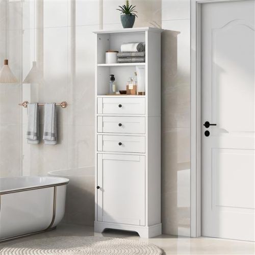 White Tall Storage Cabinet with 3 Drawers and Adjustable Shelves for Bathroom, Kitchen and Living Room, MDF Board with Painted Finish White Tall Storage Cabinet with 3 Drawers and Adjustable Shelves for Bathroom, Kitchen and Living Room, MDF Board with Painted Finish