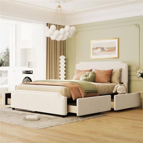 Upholstered Platform Bed with Stud Trim Headboard and Footboard and 4 Drawers No Box Spring Needed, Velvet Fabric, Queen Size (Beige) Upholstered Platform Bed with Stud Trim Headboard and Footboard and 4 Drawers No Box Spring Needed, Velvet Fabric, Queen Size (Beige)
