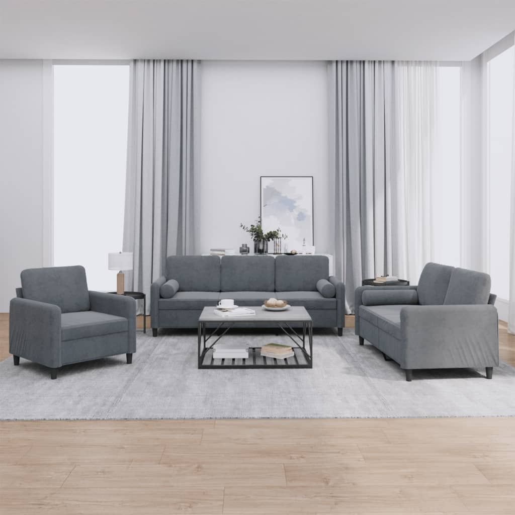 3 Piece Sofa Set with Pillows Dark Gray Velvet