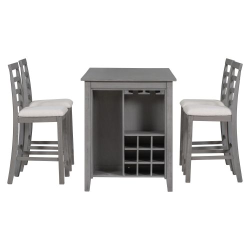TREXM 5-Piece Multi-Functional Rubber Wood Counter Height Dining Set with Padded Chairs and Integrated 9 Bar Wine Compartment TREXM 5-Piece Multi-Functional Rubber Wood Counter Height Dining Set with Padded Chairs and Integrated 9 Bar Wine Compartment