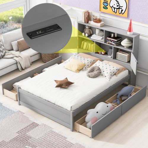 Full Size Platform Bed with Storage Headboard, Charging Station and 4 Drawers, Gray Full Size Platform Bed with Storage Headboard, Charging Station and 4 Drawers, Gray