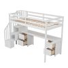 Twin Size Loft Bed Frame with Built-in Desk and Double Storage Drawers,White