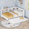 Wooden Full Size Day Bed with Twin Size Trundle, DayBed with Storage Shelf and USB Charging Ports,White