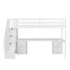 Twin Size Loft Bed Frame with Built-in Desk and Double Storage Drawers,White