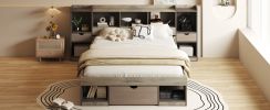 Queen Size Wood Platform Bed with Muti-storage Headboard and a Drawer, Gray