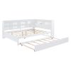 Wooden Full Size Day Bed with Twin Size Trundle, DayBed with Storage Shelf and USB Charging Ports,White