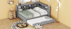 Wooden Full Size DayBed with Twin Size Trundle, DayBed with Storage Shelf and USB Charging Ports,Grey