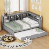 Wooden Full Size DayBed with Twin Size Trundle, DayBed with Storage Shelf and USB Charging Ports,Grey