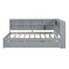 Wooden Full Size DayBed with Twin Size Trundle, DayBed with Storage Shelf and USB Charging Ports,Grey