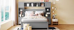 Full Size Wooden Bed With All-in-One Cabinet and Shelf, Gray