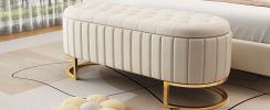 Elegant Upholstered Velvet Storage Ottoman with Button-Tufted,Storage Bench with Metal Legs for Bedroom,Living Room,Fully Assembled Except Legs,Beige