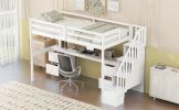 Twin Size Loft Bed Frame with Built-in Desk and Double Storage Drawers,White