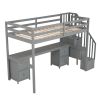 Twin Size Loft Bed Frame with Built-in Desk and Double Storage Drawers,Gray