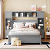 Full Size Wooden Bed With All-in-One Cabinet and Shelf, Gray