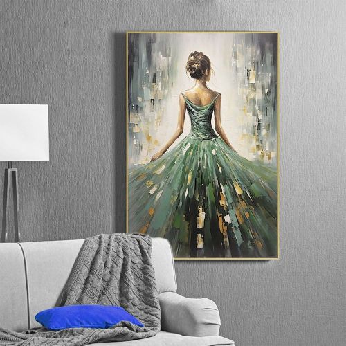 Hand Painted Abstract Beautiful Girl Oil Painting On Canvas Large Wall Art Original Dancer Art Green Wall Art Custom Painting Minimalist Living Roomde