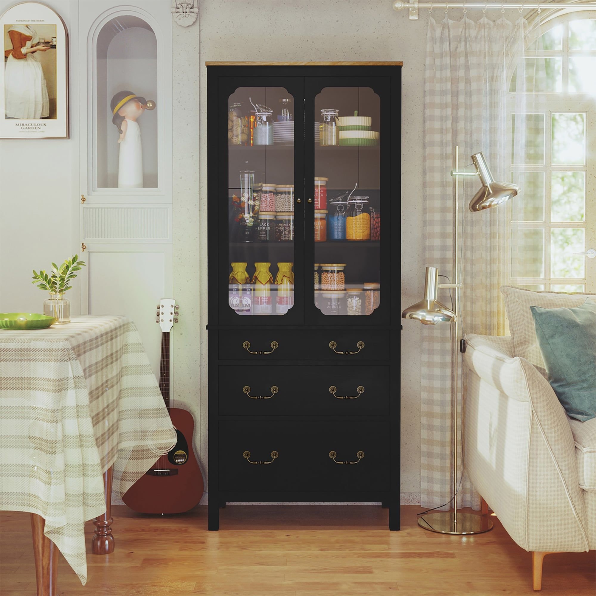 Kitchen Pantry Cabinet, Freestanding Tall Storage Cabinet, Utility Cupboard (Main Material: Engineered Wood, Main Color: Black)