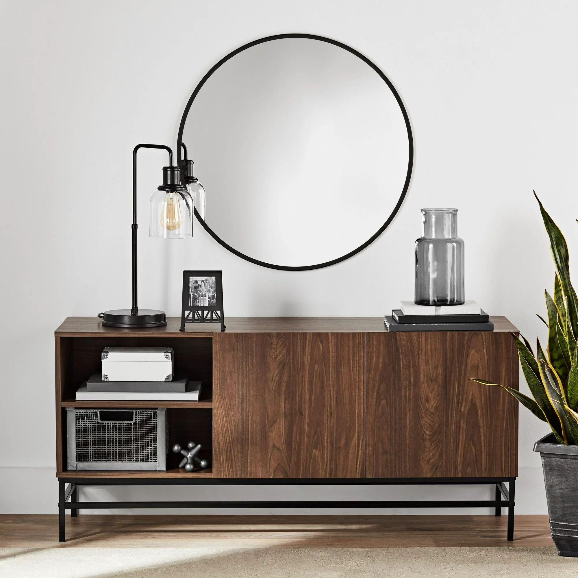 sideboard table; black and canyon walnut (Color: Canyon Walnut)