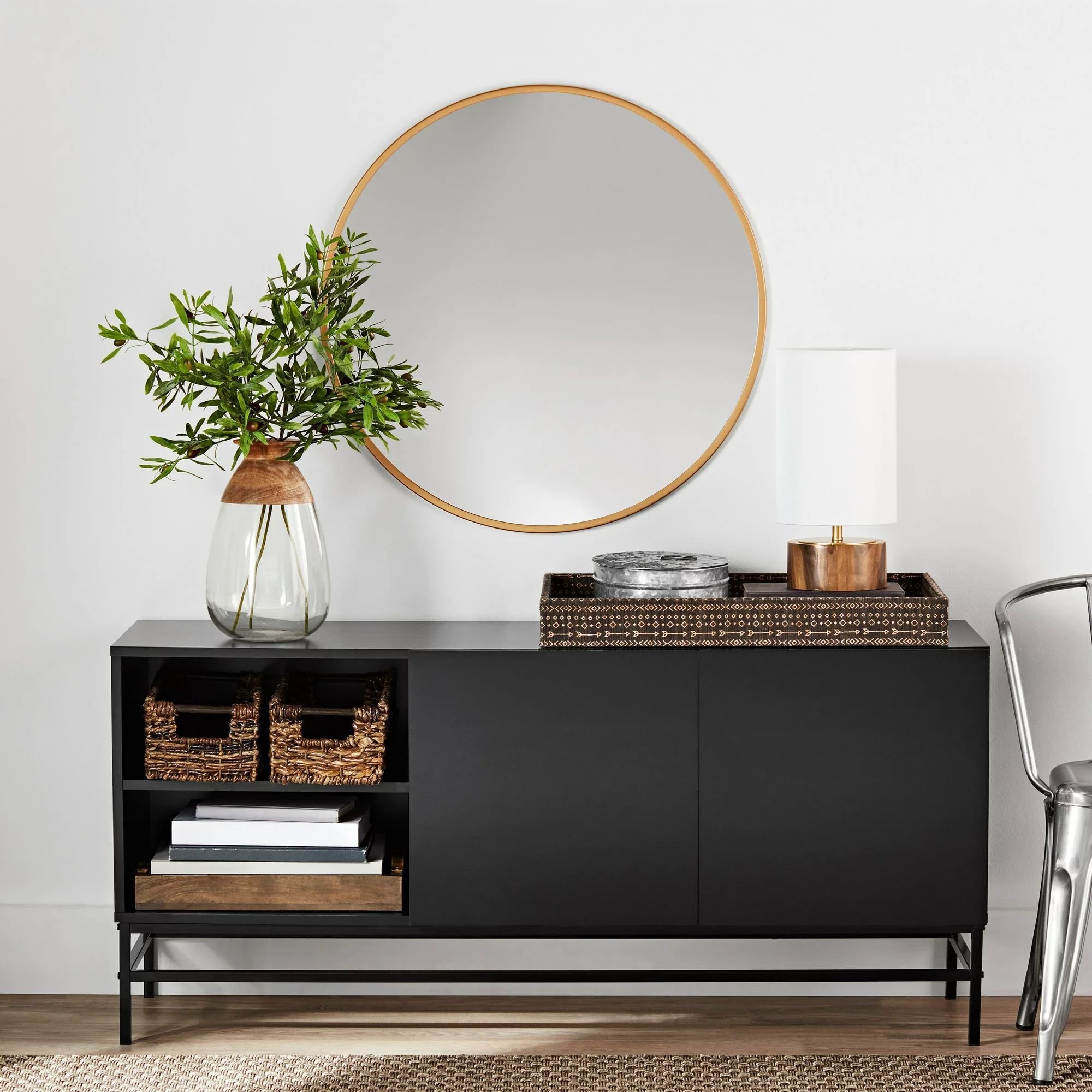sideboard table; black and canyon walnut (Color: Black)