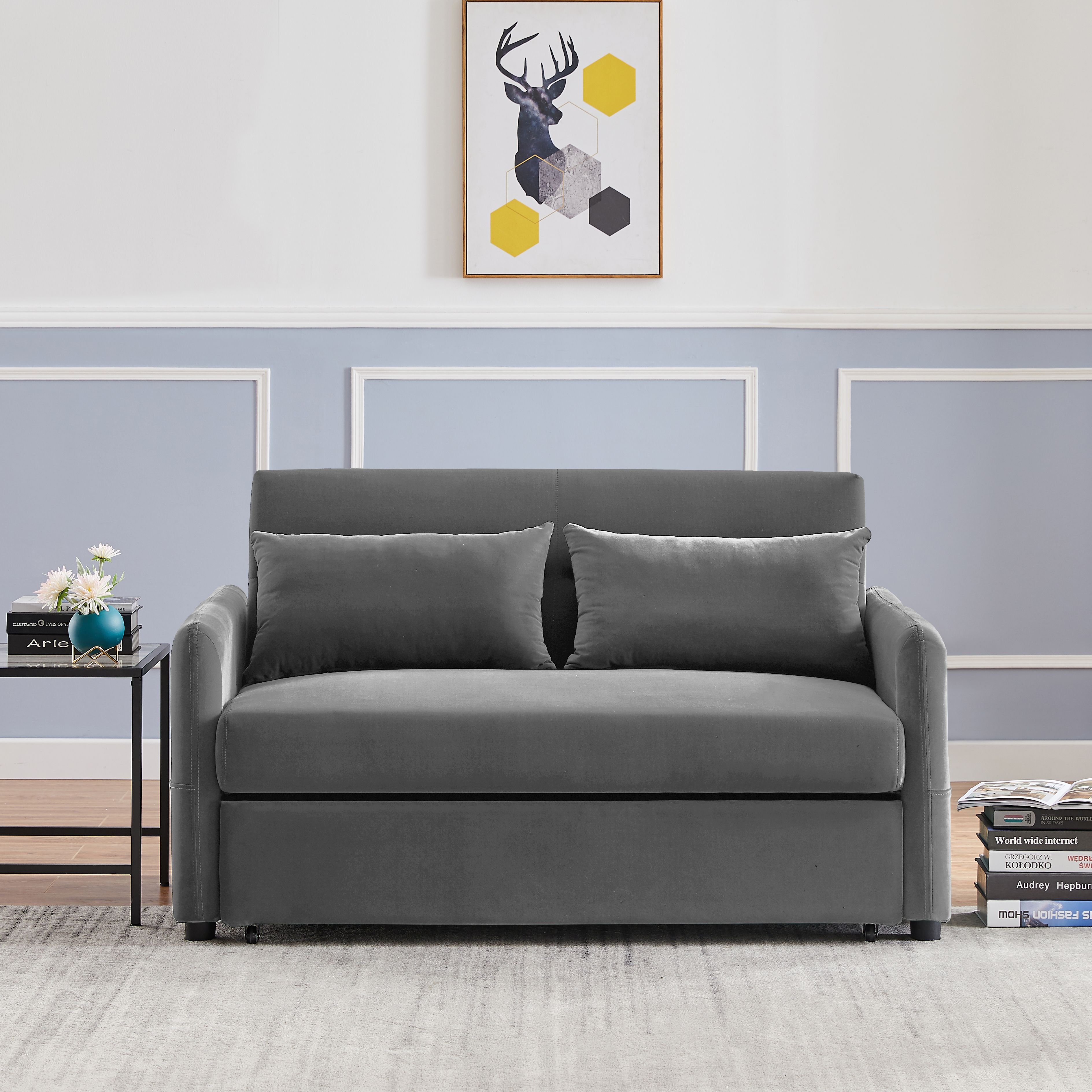 Leisure Loveseat Sofa for Living Room with 2 pillows (Material: Velvet, Color: Dark Gray)