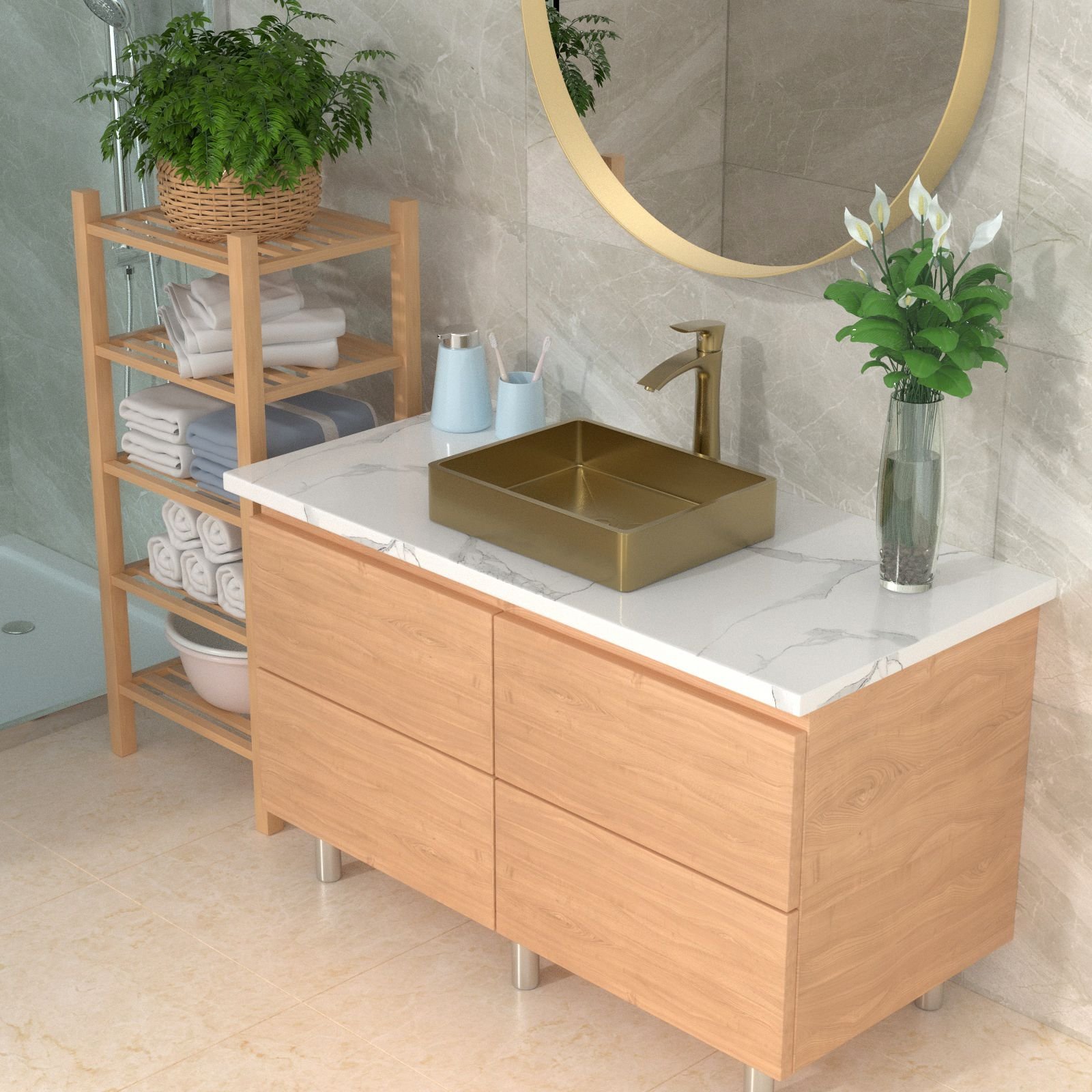 19-inch Topmount Single Bowl 16-Gauge T-304 Stainless Steel Bathroom Sink with Bathroom Drainer (Color: Gold)
