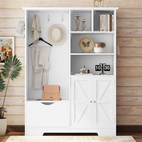 Multi-functional Hall Tree with Storage Shelves Drawers and Cabinet, Elegant Hallway Shoe Cabinet with Bench (Color: as Pic)