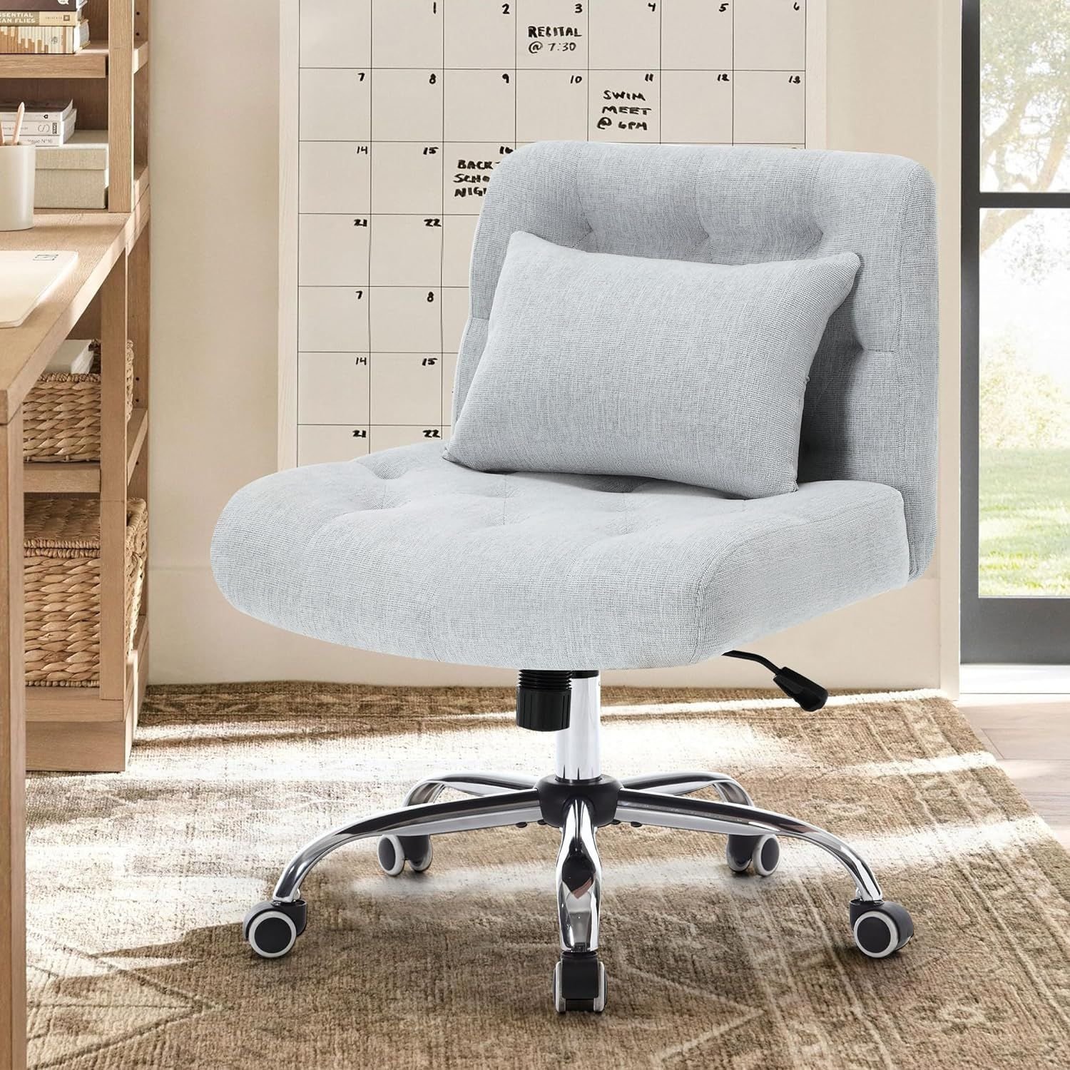 Armless Fabric Office Desk Chair with Wheels, Criss Cross Legged Wide Seat Chair, Modern Home Office Chair with Lumbar Pillow (Color: as Pic)