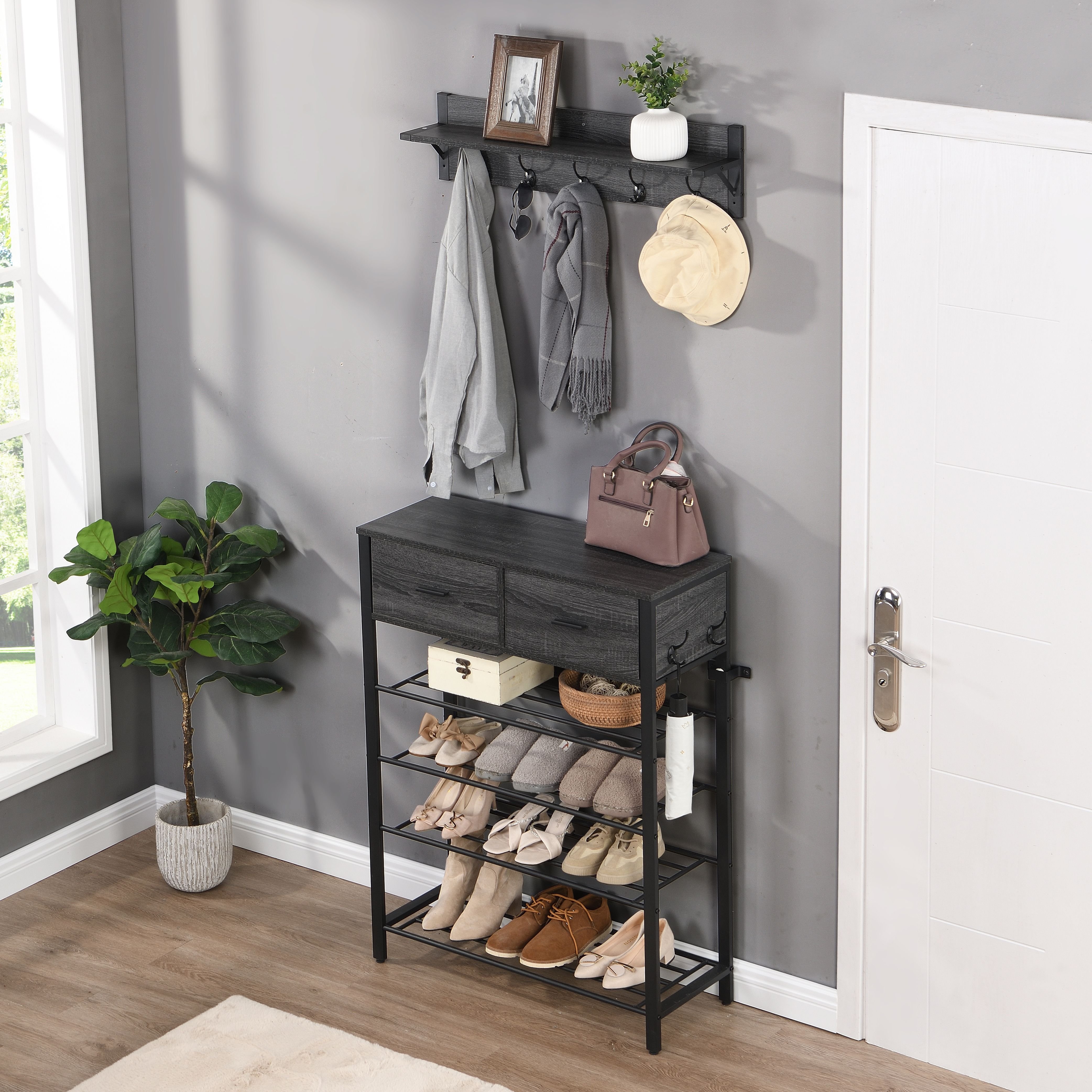 Versatile Entryway 4-Tier Shoe Rack with Drawers and Coat Hooks - Multi-functional Home Storage Unit (Color: Black+Gray)