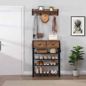 Versatile Entryway 4-Tier Shoe Rack with Drawers and Coat Hooks - Multi-functional Home Storage Unit (Color: Brown Mix)