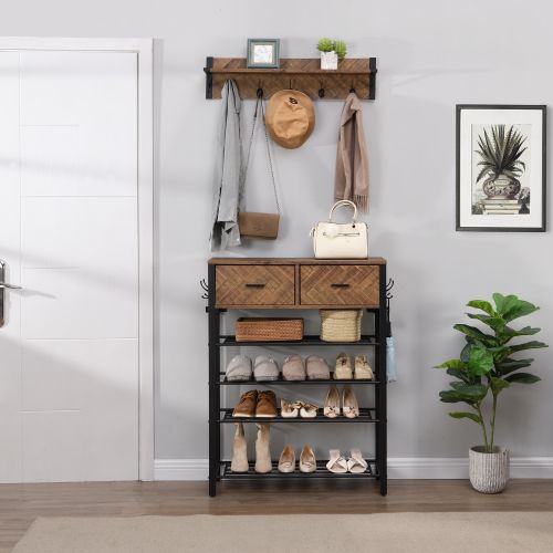 Versatile Entryway 4-Tier Shoe Rack with Drawers and Coat Hooks - Multi-functional Home Storage Unit