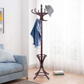 Wooden Standing Coat Rack Tree with 12 Hooks and Umbrella Stand (Color: Brown)