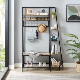 Industrial-Style Hall Tree Entryway Coat Rack with Bookshelves, Bench Seat and Shoe Storage (Color: Grey)