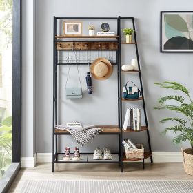 Industrial-Style Hall Tree Entryway Coat Rack with Bookshelves, Bench Seat and Shoe Storage (Color: Brown)