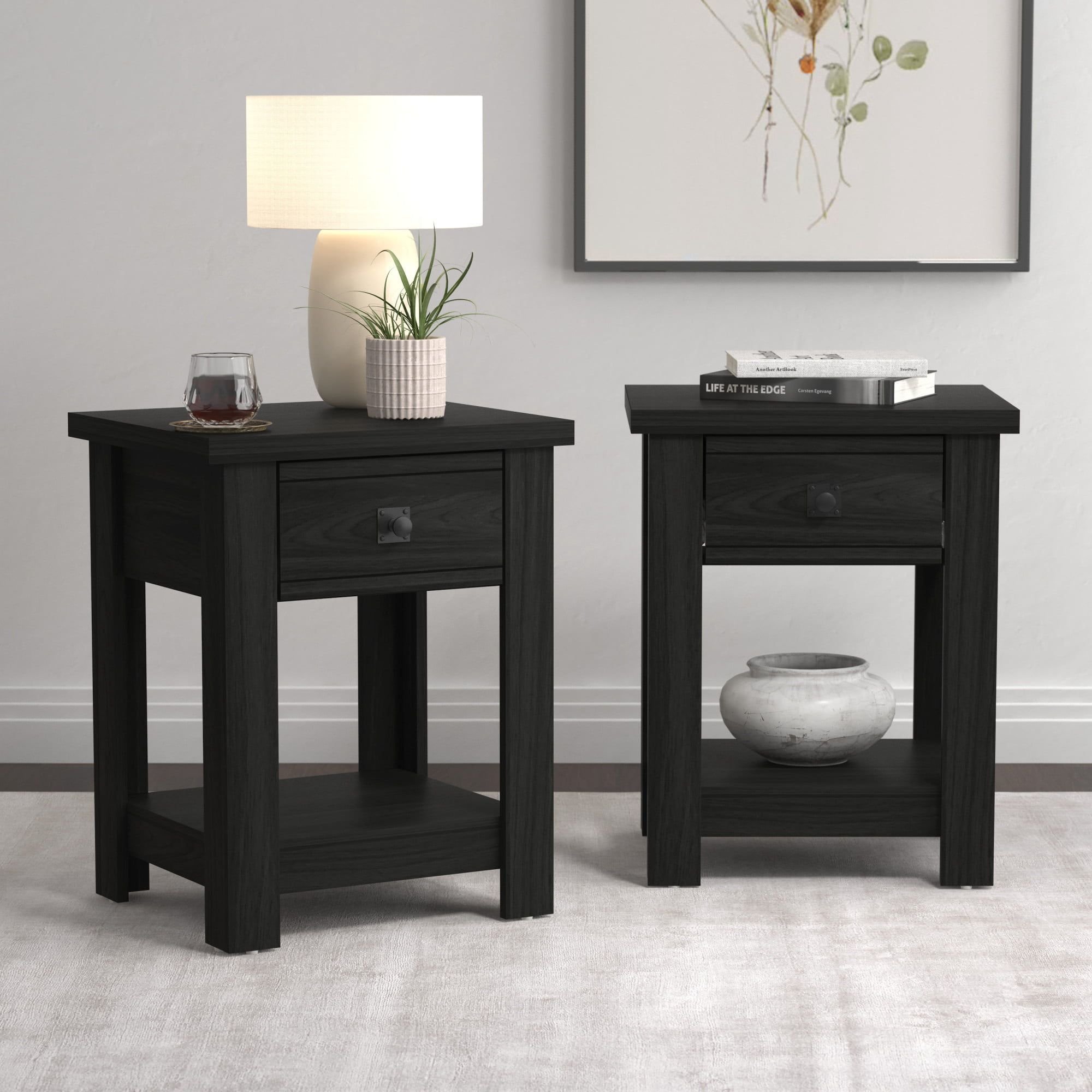 Wooden Nightstand 1 Drawer Nightstand; Set of 2 (Material: Laminated Chipboard, Laminated MDF, Color: Black Oak)