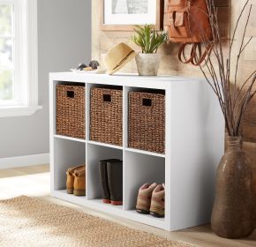 6 cube storage boxes; bookshelves; display cabinets; storage cabinets (Material: Particle Board, Medium Density Fiberboard, Color: White Texture)