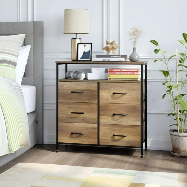 6 Drawer Dresser for Bedroom; Modern Storage Cabinet Bedroom Nightstand with 6 Foldable Fabric Drawers; Rustic Brown Finish (Material: Wood, Color: Rustic Brown)