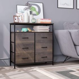 6 Drawer Dresser for Bedroom; Modern Storage Cabinet Bedroom Nightstand with 6 Foldable Fabric Drawers; Rustic Brown Finish (Material: Wood, Color: Dark Brown)