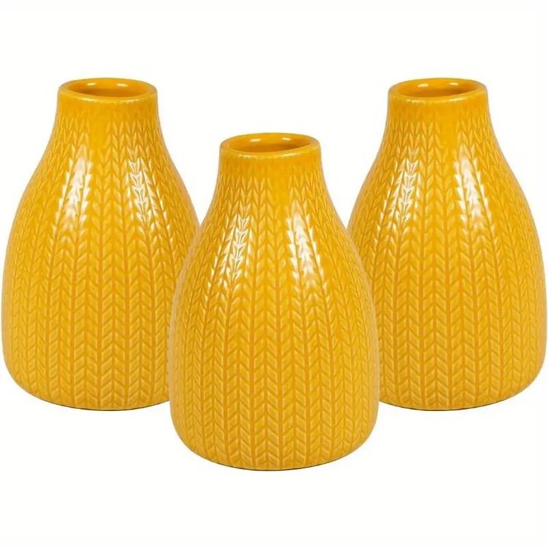 Flower Vase Set of 3, Decorative Ceramic Embossed Vase, Vase for Decor Home Living Room Office Parties Wedding (Color: YELLOW)