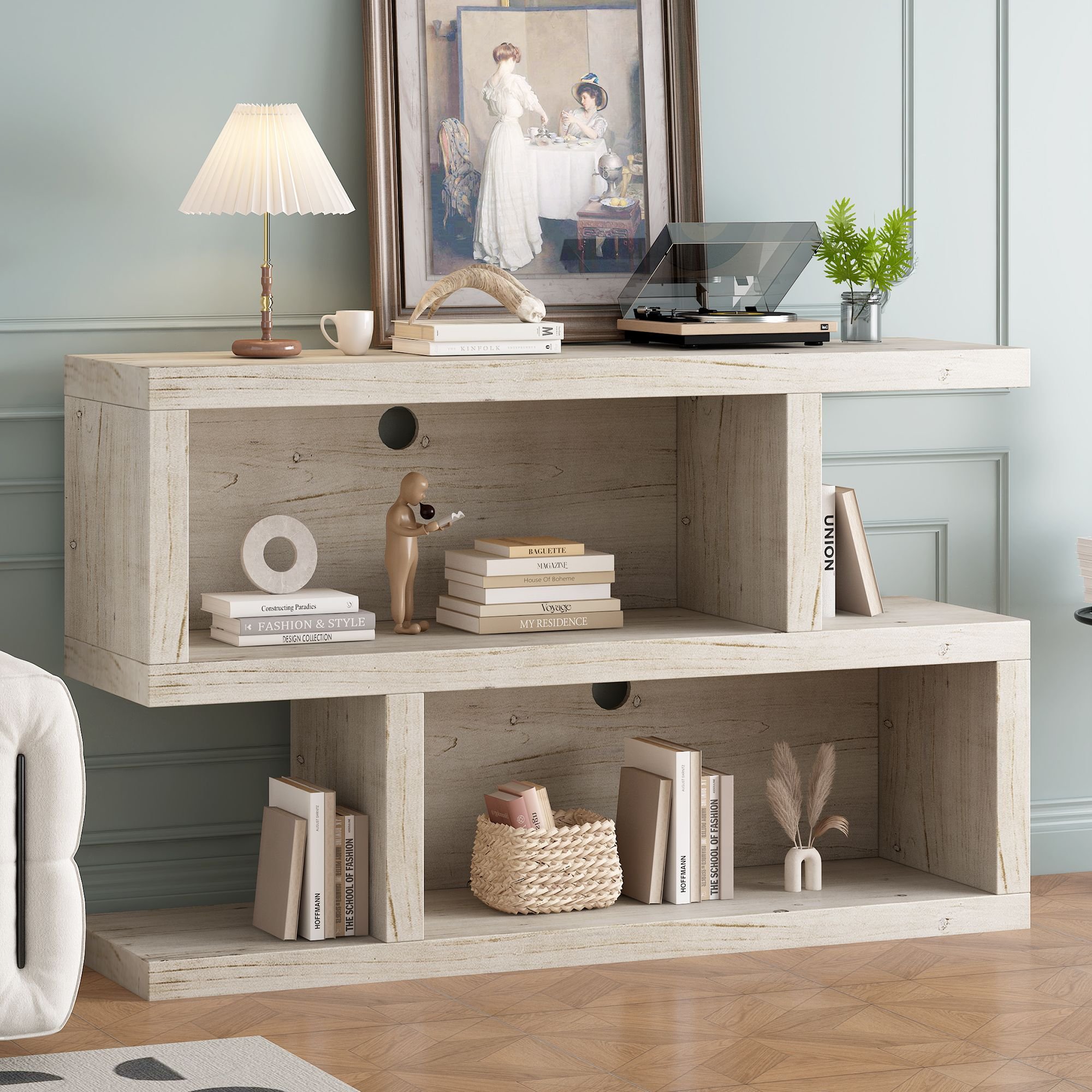 Retro Console Table with Symmetrical 2-Tier Open Shelf for Entryway and Living Room (Material: MDF, Color: Natural)