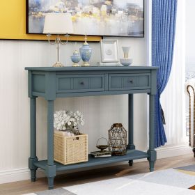 Daisy Series Console Table Traditional Design with Two Drawers and Bottom Shelf (Material: Solid Wood, Color: Navy)