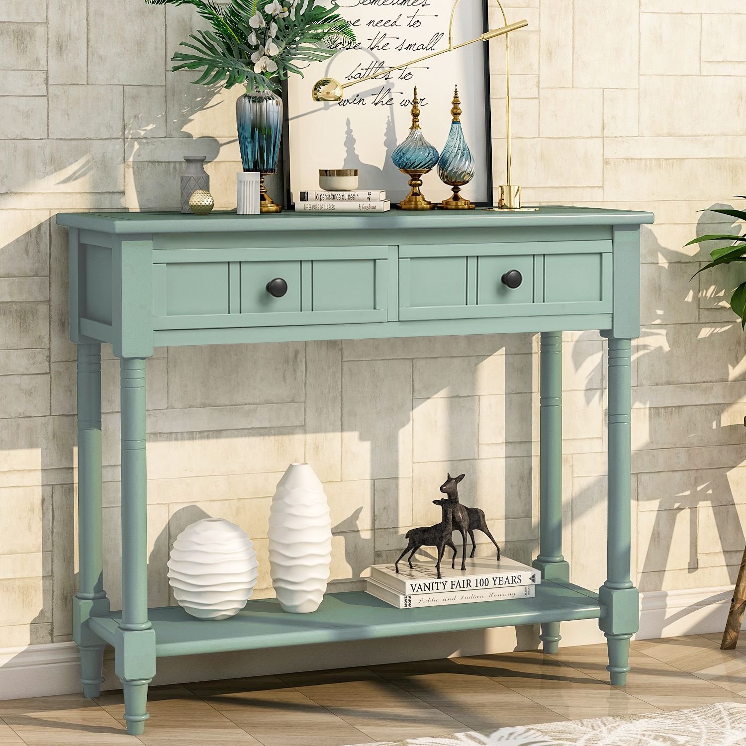 Daisy Series Console Table Traditional Design with Two Drawers and Bottom Shelf (Material: Solid Wood, Color: Retro Blue)