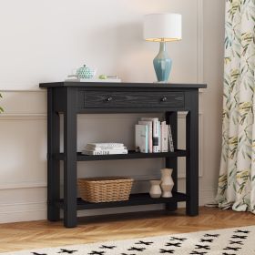 Retro Console Table with Drawer and Two Sturdy Shelves for Entryway,Living Room (Material: MDF,Rubber Wood, Color: Black)