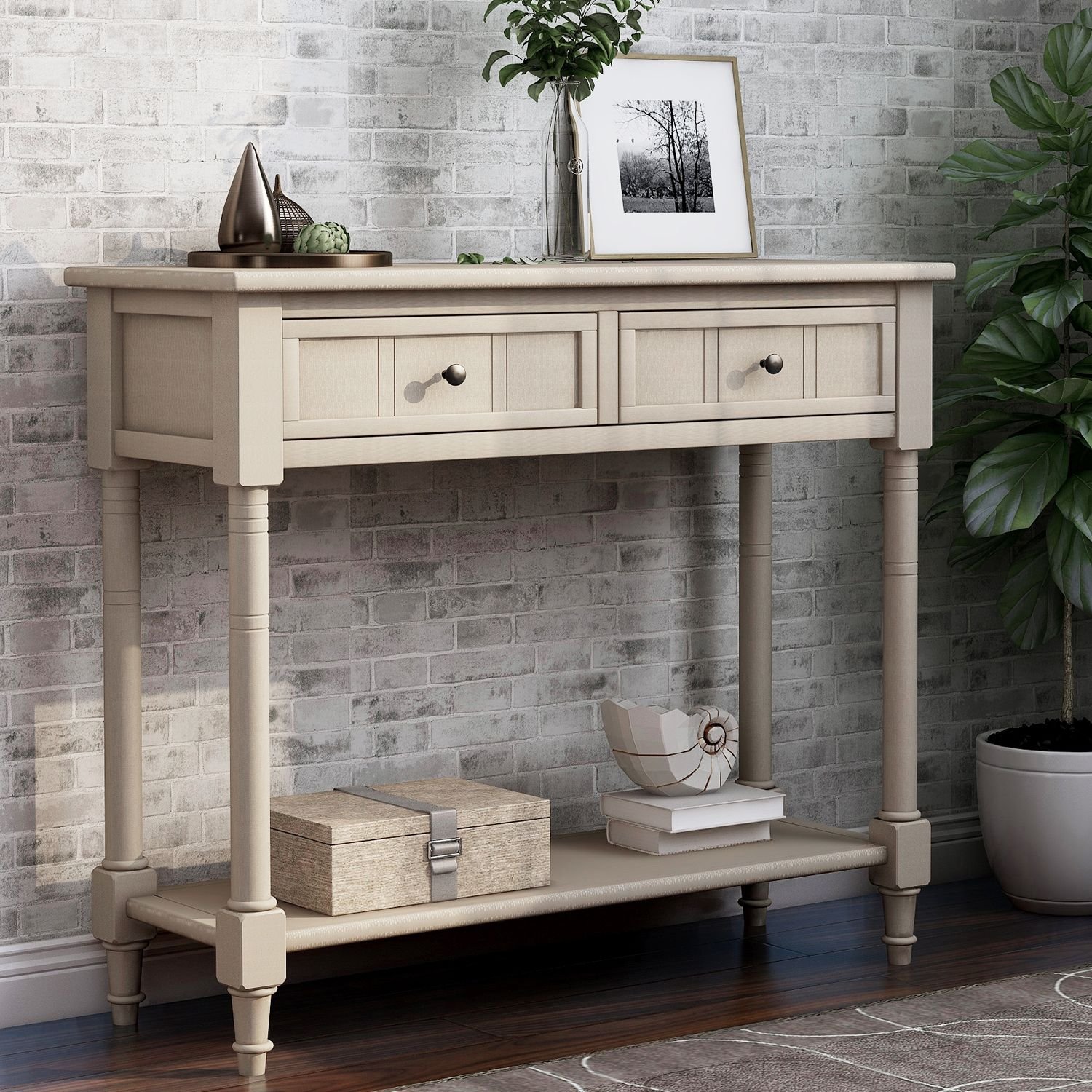 Daisy Series Console Table Traditional Design with Two Drawers and Bottom Shelf (Material: Solid Wood, Color: Antique Gray)