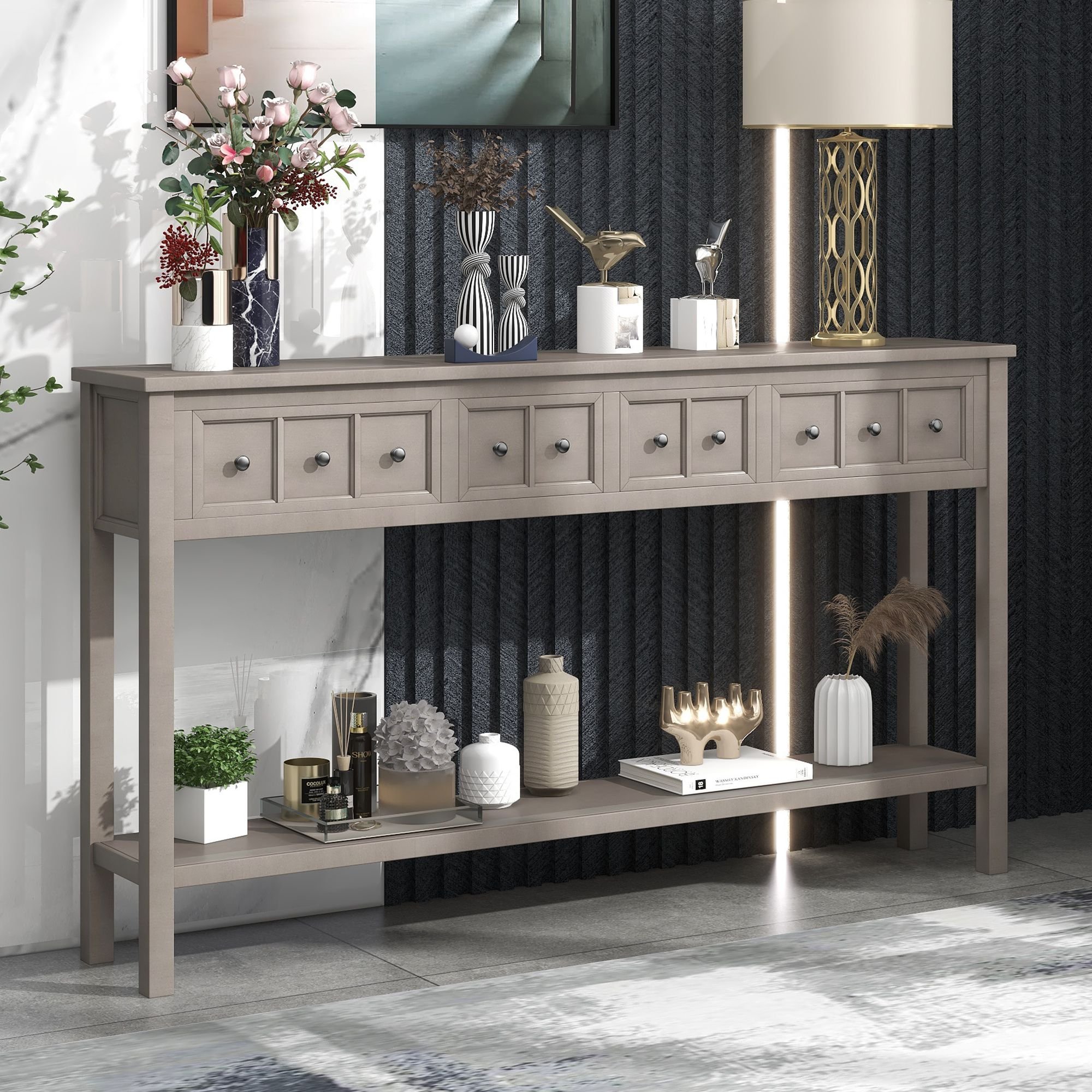 Rustic Entryway Console Table,60" Long Sofa Table with two Different Size Drawers and Bottom Shelf for Storage (Material: Solid Wood, Color: Gray Wash)